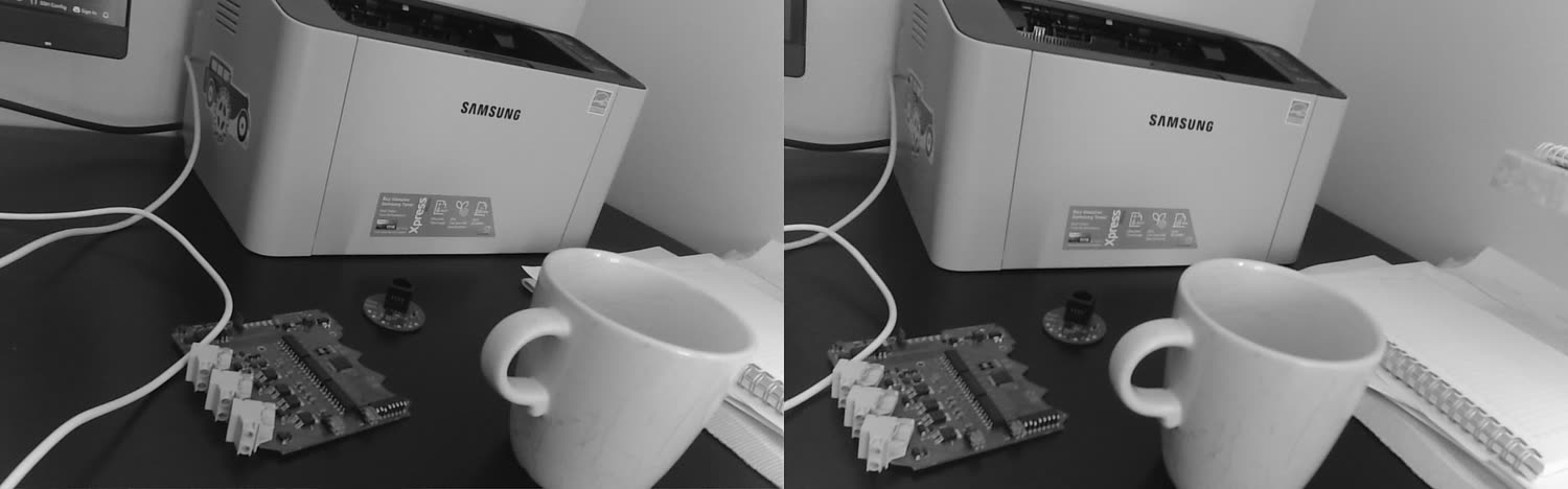 Left and right frames from the physical stereo camera showing a mug, a circuit board, a printer and a cable, with visible horizontal parallax.