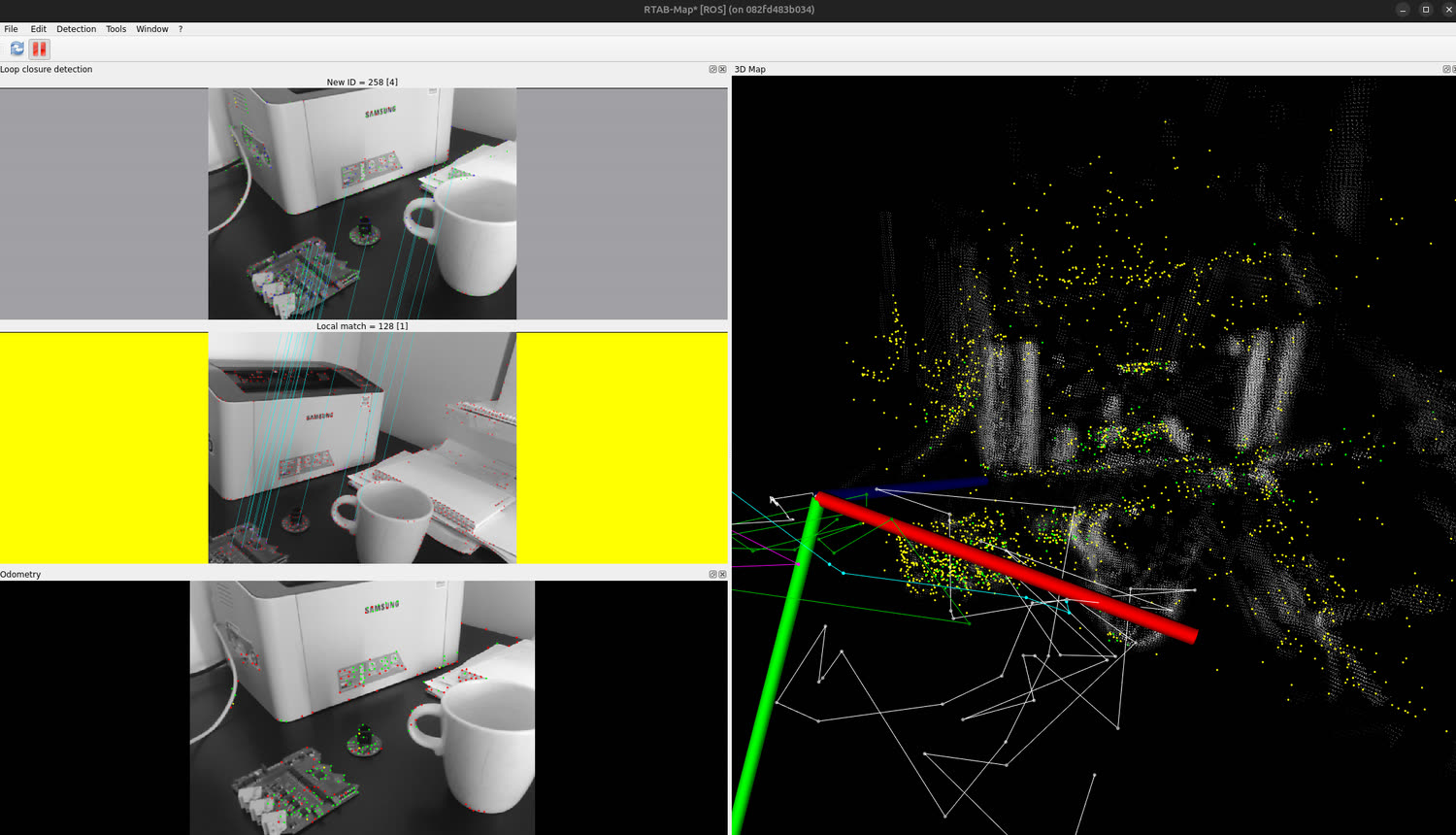 RTAB-Map running on the physical stereo camera: loop closure detection with matched features between two views of a desk, live odometry keypoints, and a 3D point cloud with the camera trajectory graph.