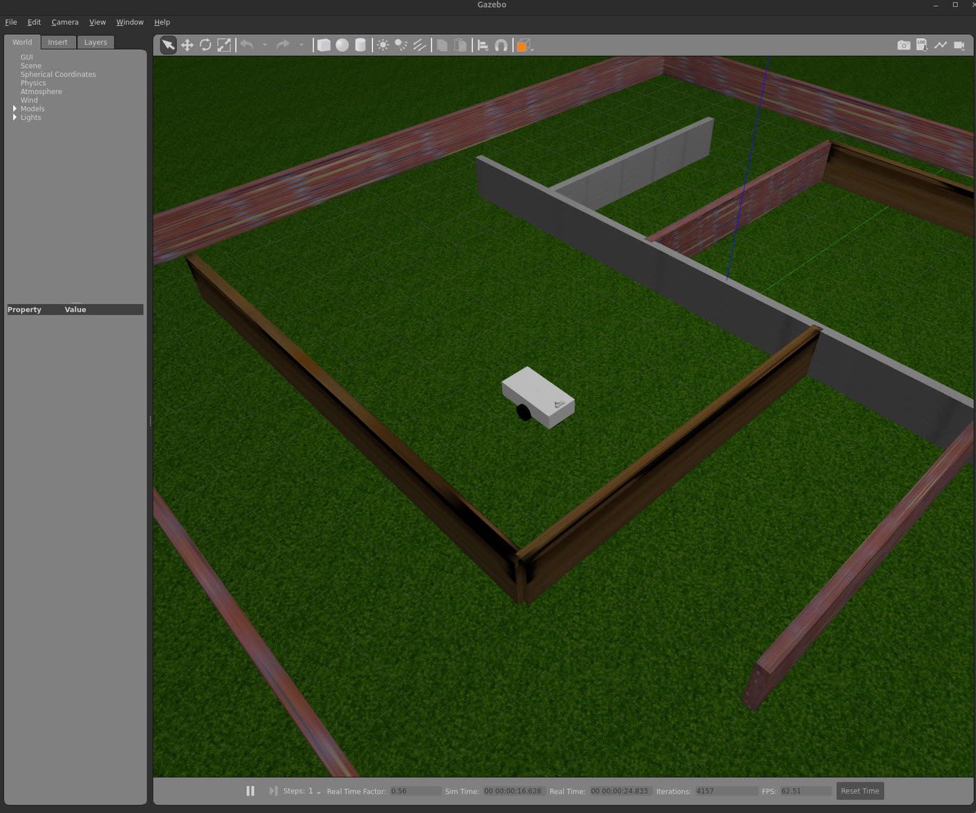 Gazebo showing a differential-drive robot inside a textured maze with brick and wood walls on a grass surface.