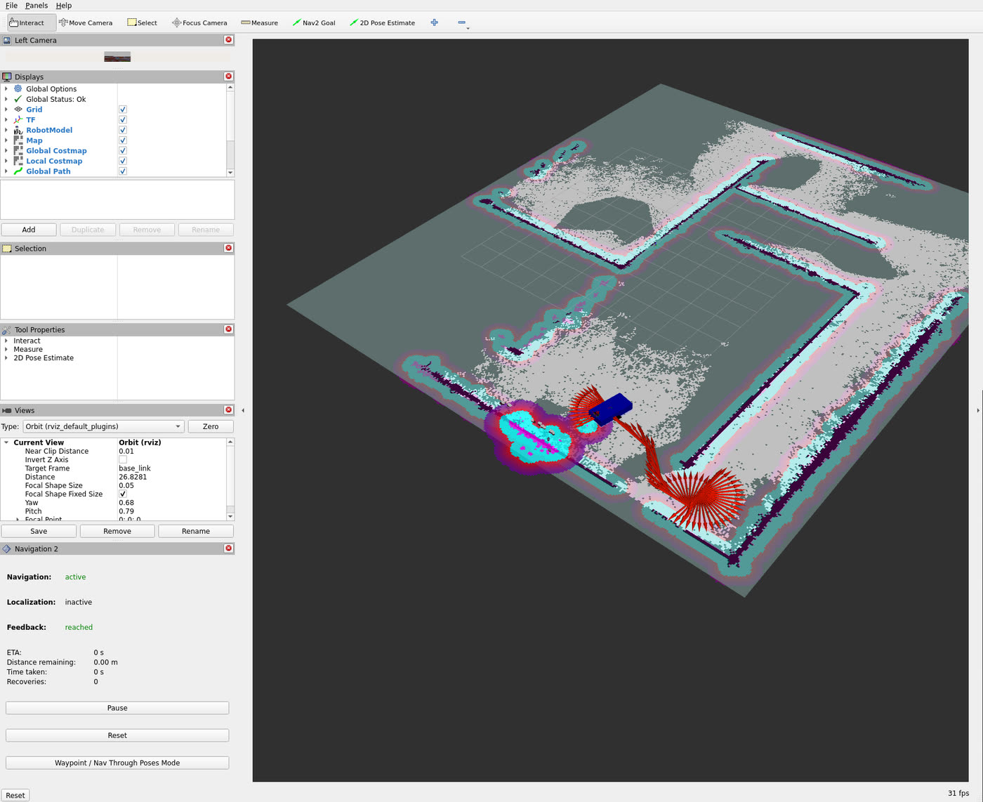 RViz showing an occupancy grid of maze corridors, inflated costmaps in teal and magenta, the robot model and a planned path.